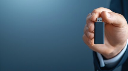 Poster - A close-up of a hand holding a USB flash drive against a soft-focus background, symbolizing data storage and technology.
