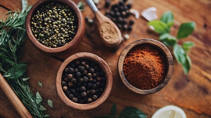 Poster - Aerial view of fresh spices and herbs arranged beautifully on a wooden table : Generative AI