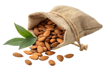 Wall Mural - almonds with leaf in bag isolated on transparent background png