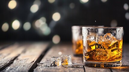 Aufkleber - Closeup of Whiskey Glass with Ice Cubes and Bokeh Background : Generative AI