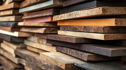Leinwandbilder - Wooden planks stacked in a variety of textures forming an artistic display : Generative AI