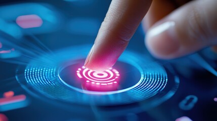 Wall Mural - A finger touches a glowing circular button on a digital interface, showcasing interaction with a high-tech touchscreen or control panel.