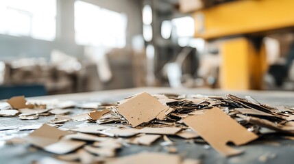 Poster - Scattered pieces of cardboard remnants in a work environment with soft focus : Generative AI