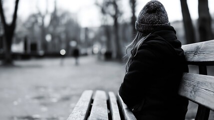 Poster - Lonely silhouette of a woman sitting on a park bench in black and white photograph capturing solitude : Generative AI