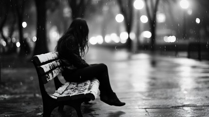 Poster - Woman sitting alone on a park bench under rain capturing the essence of solitude and reflection : Generative AI