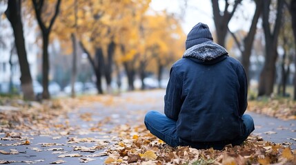 Poster - Man sitting crosslegged on a pathway covered with autumn leaves in a serene park setting : Generative AI