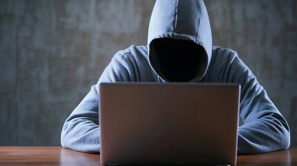 Leinwandbilder - Cloaked Figure in Hoodie Using Laptop in Dimly Lit Environment with Mysterious Atmosphere : Generative AI