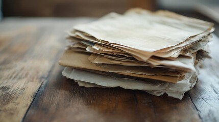 Poster - Stack of vintage papers resting on a rustic wooden table showcasing texture and history : Generative AI