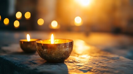 Fototapete - Serene ambiance of glowing candles in golden light creating a tranquil atmosphere for relaxation and meditation : Generative AI