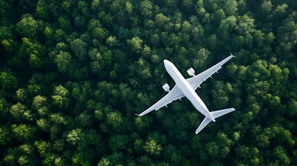 Poster - Commercial Airplane Flying Over Dense Green Forest Canopy from Above : Generative AI