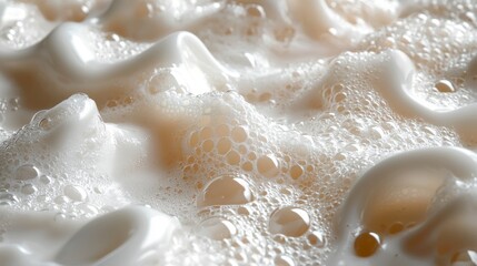 Poster - Viscous soap foam glistens under soft light, revealing intricate patterns and bubbles. The creamy surface swirls rhythmically, evoking a sense of calmness and cleanliness in a peaceful environment