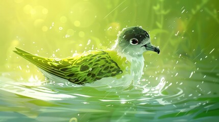 Poster - A whimsical illustration of a small bird splashing in water, surrounded by a vibrant, green environment.
