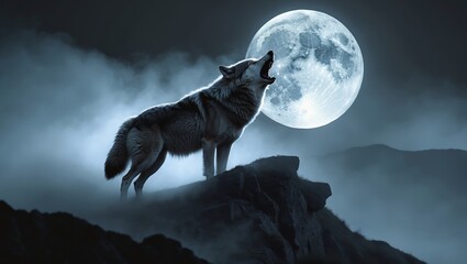  Majestic wolf howls at the full moon on a misty night in a serene landscape
