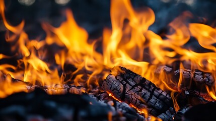 Fototapete - Dynamic capture of roaring flames and glowing coals in a campfire creating a cozy atmosphere : Generative AI