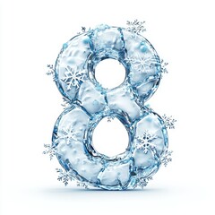 Wall Mural - Number 8 shaped from cracked frozen ice with snowflakes, isolated on white