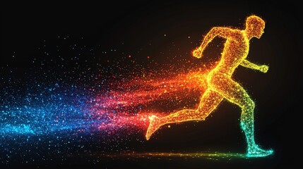 Poster - Abstract representation of a running man constructed from dynamic colorful particles