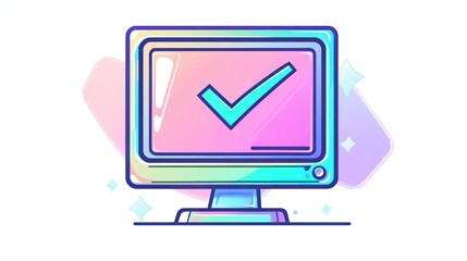 Fototapete - Computer screen showing checkmark, pastel background, success
