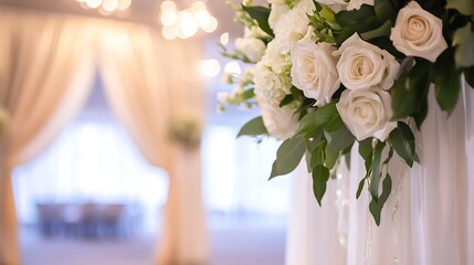 Poster - Elegant arrangement of white roses surrounded by greenery in a soft and bright indoor setting : Generative AI