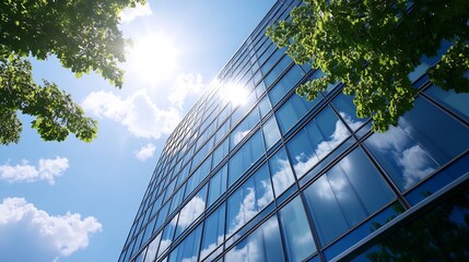 Fototapete - Modern glass building reflecting blue sky and clouds surrounded by green trees : Generative AI