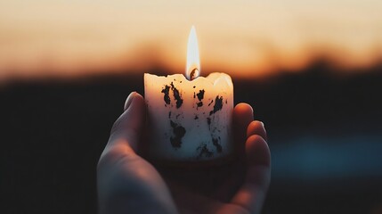 Fototapete - Hand holding a burning candle with a soft glowing flame against a beautiful sunset backdrop : Generative AI