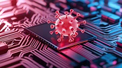 Poster - A digital illustration of a virus overlaid on a computer chip, symbolizing the intersection of technology and health.
