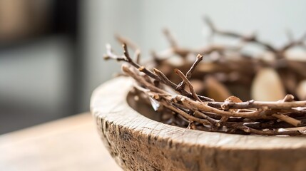Aufkleber - A natural wooden bowl holding a delicate twig nest surrounded by small decorative eggs for a rustic touch : Generative AI