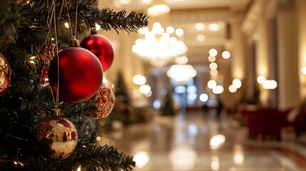 Aufkleber - Elegant Christmas tree adorned with shiny red ornaments and warm lights in a luxurious holiday setting : Generative AI