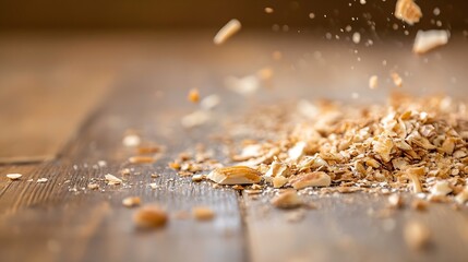 Poster - Dynamic image of flying wood shavings creating a sense of motion and craftsmanship on rustic wooden surface : Generative AI