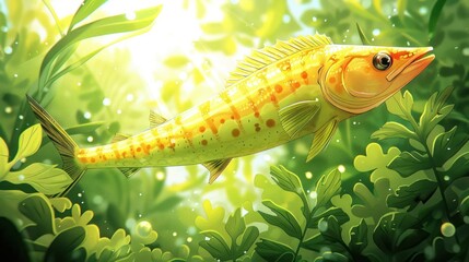 Poster - A vibrant, illustrated fish swimming through lush green underwater vegetation.