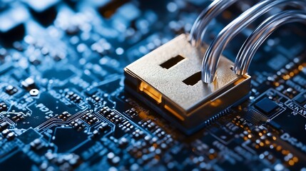 Leinwandbilder - Detailed closeup image of a computer motherboard with a shiny padlock symbolizing cybersecurity and technology : Generative AI