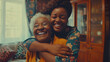 © Milla - Portrait of black grandmother and granddaughter hugging and smiling at home