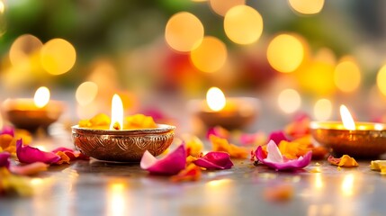 Poster - Beautifully arranged traditional oil lamps surrounded by colorful flower petals creating a serene festive ambiance : Generative AI