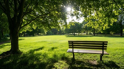 Wall Mural - Serene park scene with lush green grass and a wooden bench illuminated by soft sunlight filtering through trees : Generative AI