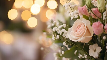 Poster - Delicate pink rose bouquet in soft light with blurred backgrounds and bokeh effects : Generative AI