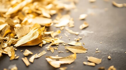 Aufkleber - Close up of shimmering gold flakes scattered on a dark surface for luxury and decoration : Generative AI