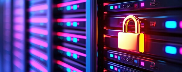 Poster - a digital server with colorful lights displays a prominent padlock symbolizing cybersecurity and dat