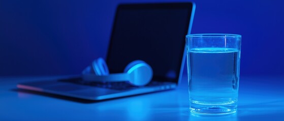 Laptop and a glass of water on a table. the laptop is open and the screen is turned on, with a pair of headphones resting on top of it.