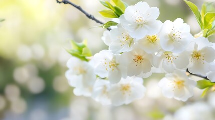 Poster - Beautiful blooming white flowers with soft green leaves in a serene natural setting during spring : Generative AI