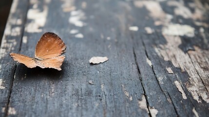 Aufkleber - Beautiful Brown Butterfly Resting on Weathered Wooden Surface with Natural Background : Generative AI