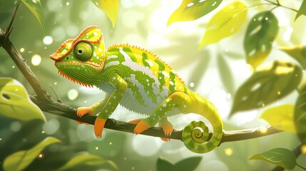 Aufkleber - A vibrant chameleon perched on a branch amidst lush green foliage.