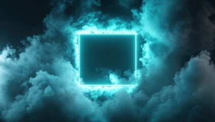 Wall Mural - glowing teal neon square frame in dark clouds.