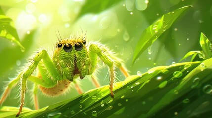 Aufkleber - A vibrant, detailed illustration of a green spider resting on dew-covered leaves.