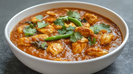 Bowl of desi chicken karahi a rich tomato and ginger gravy garnished with green chilies and cilantro