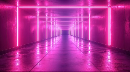 Poster - Long enigmatic corridor with striking neon lights creating a futuristic vibe