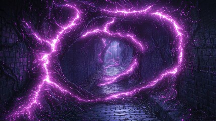 Poster - Mysterious tunnel with luminous purple lights emanating in a darkened space