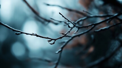 Poster - Intricate close up view of frozen branches adorned with frost in a serene winter landscape : Generative AI