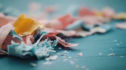 Poster - Colorful Fragments of Torn Paper in Pastel Shades on a Smooth Blue Surface Overhead View : Generative AI