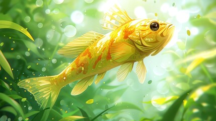 Poster - A vibrant, illustrated fish swimming through a lush, green underwater environment.