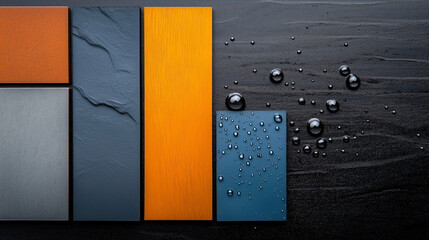 Wall Mural - Black and gray tile with a blue and orange tile on top of it. Minimalistic background.