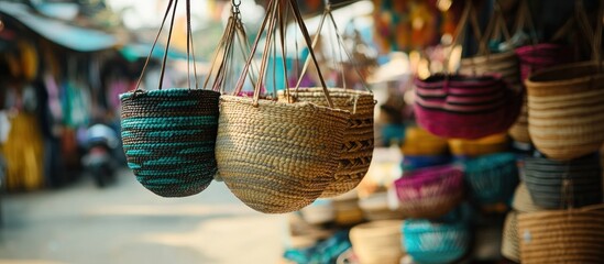 Wall Mural - Colorful woven bags hanging at a market.